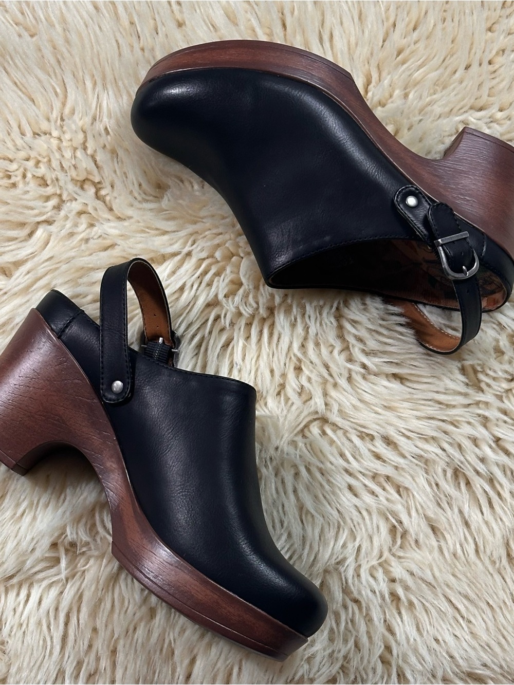 boc Black Leather Clogs with Brown Wood Platform